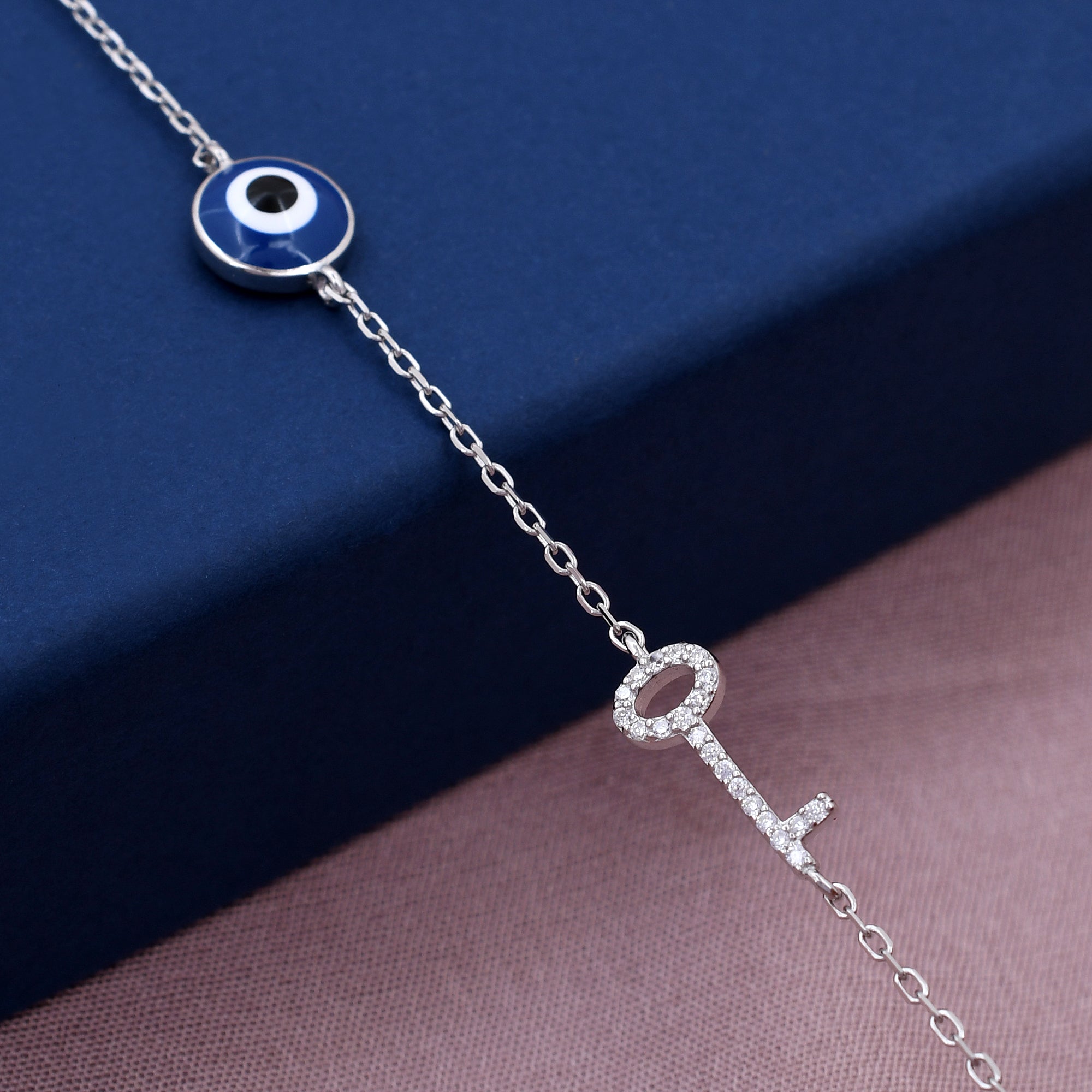 Evil Eye Key Design 925 Sterling Silver Bracelet