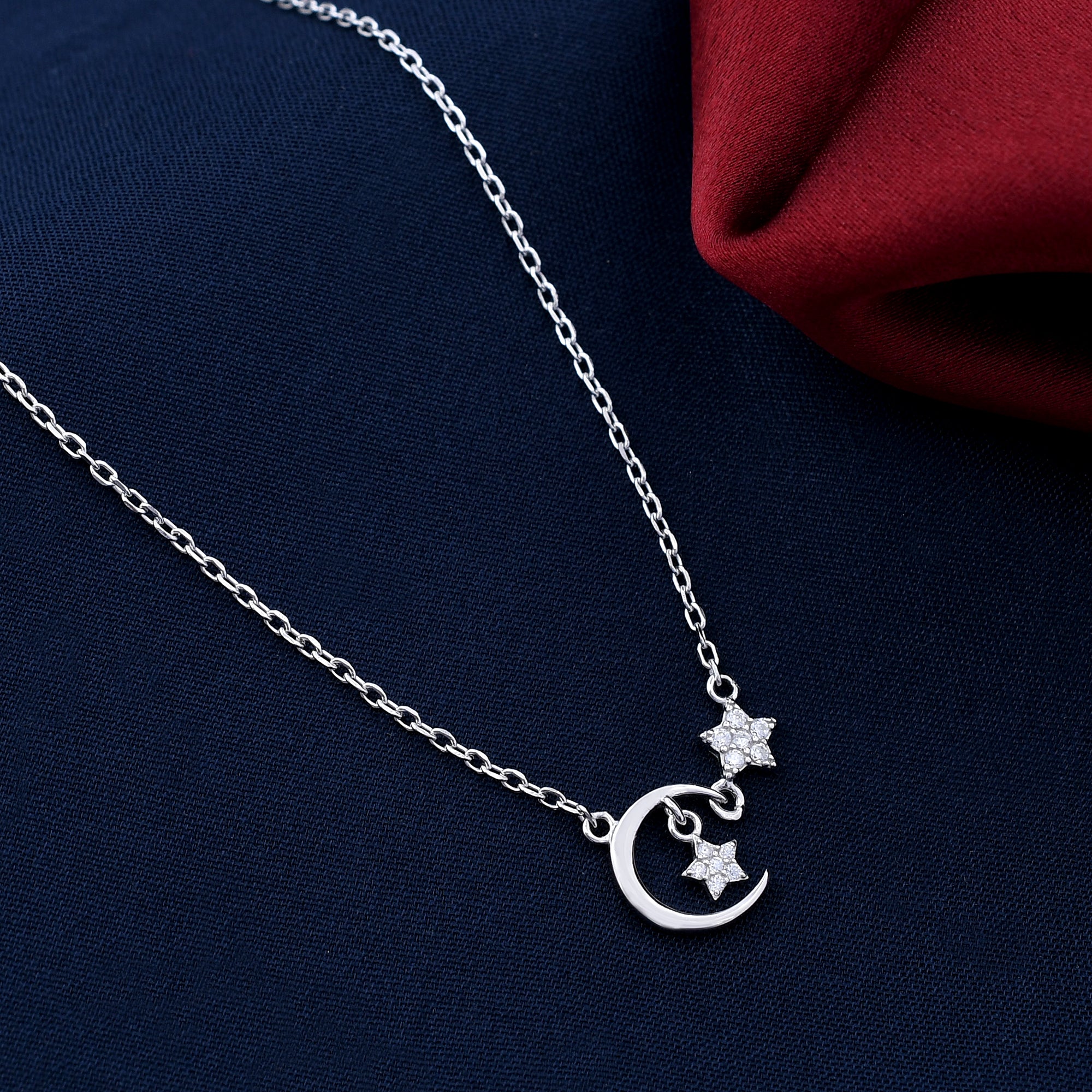 Two Star and Moon 925 Sterling Silver Pendant