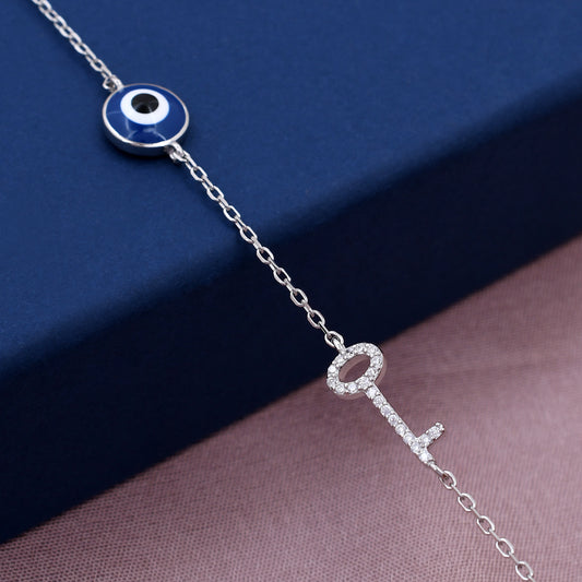 Evil Eye Key Design 925 Sterling Silver Bracelet