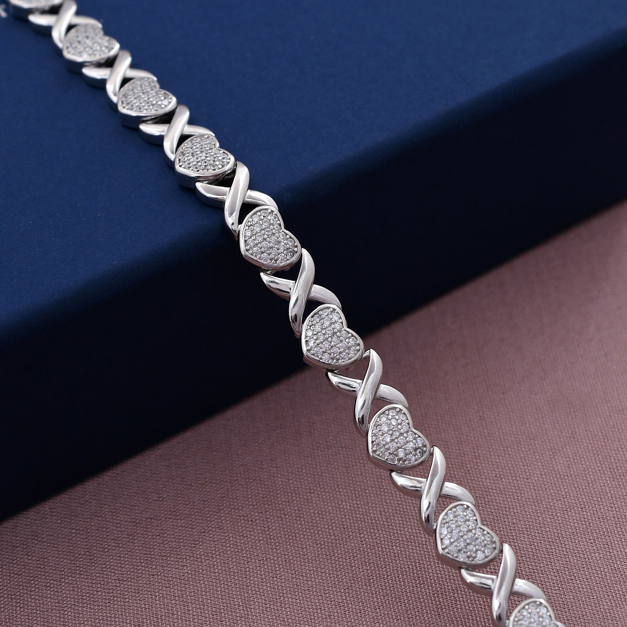 Accent Diamond Heart Design 925 Sterling Silver Bracelet