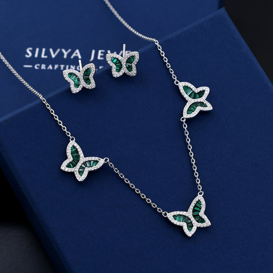 Emerald Butterfly Design 925 Sterling Silver Necklace Set