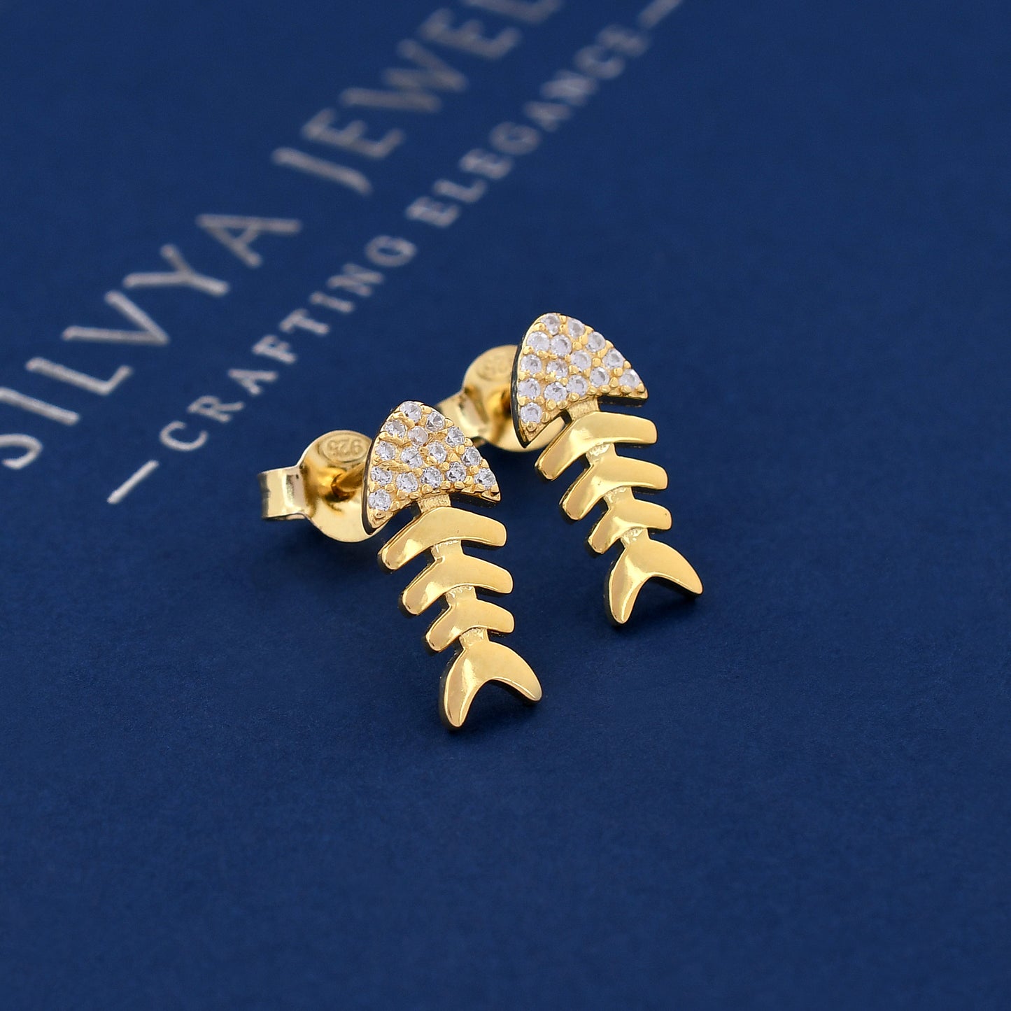 Fish Diamond Design 925 Sterling Silver Studs