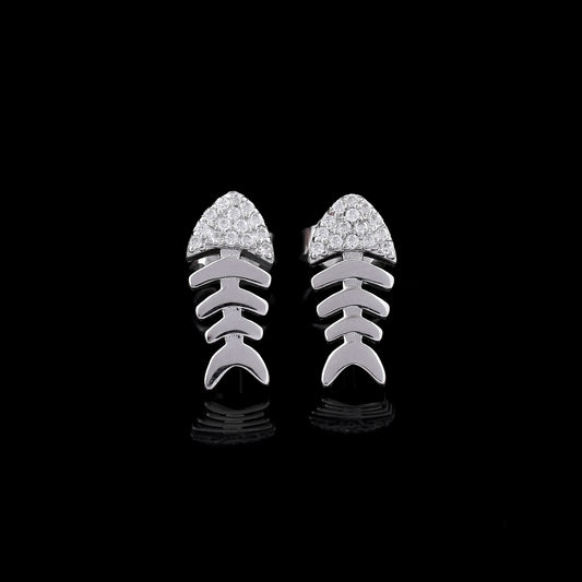 Fish Diamond Design 925 Sterling Silver Studs