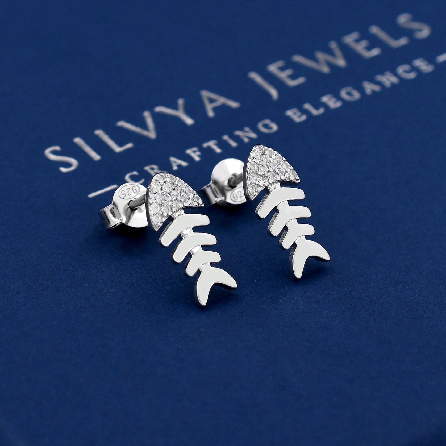 Fish Diamond Design 925 Sterling Silver Studs